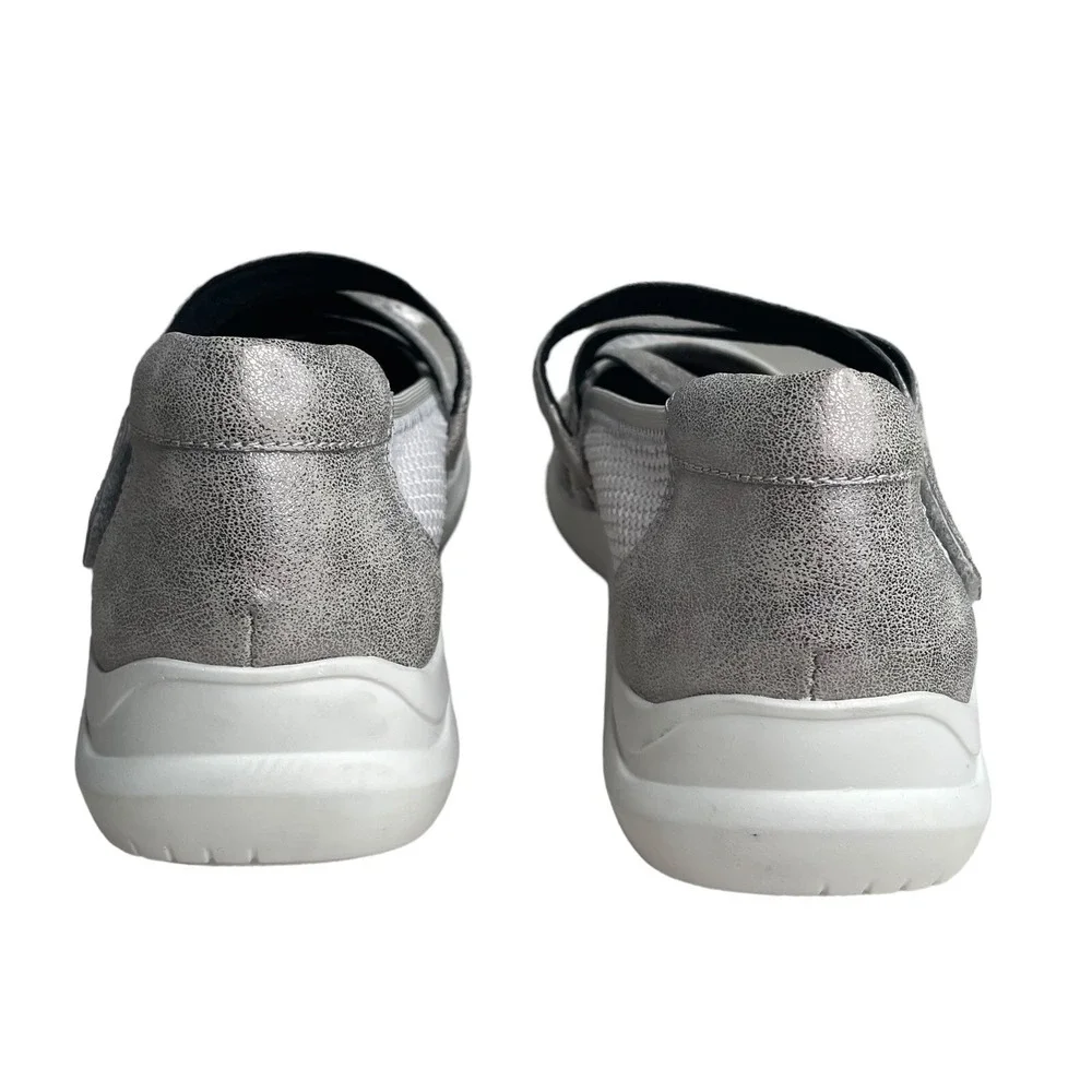 Aravon Womens 8B White Silver Knit Mary Jane Comfort Walking Shoes Hook Loop